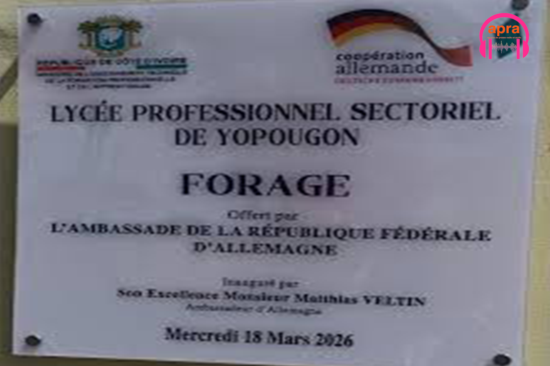 Diplomatie et Éducation : l’Ambassade d’Allemagne fait don d’un forage au Lycée Professionnel Sectoriel (LPS) de Yopougon.
